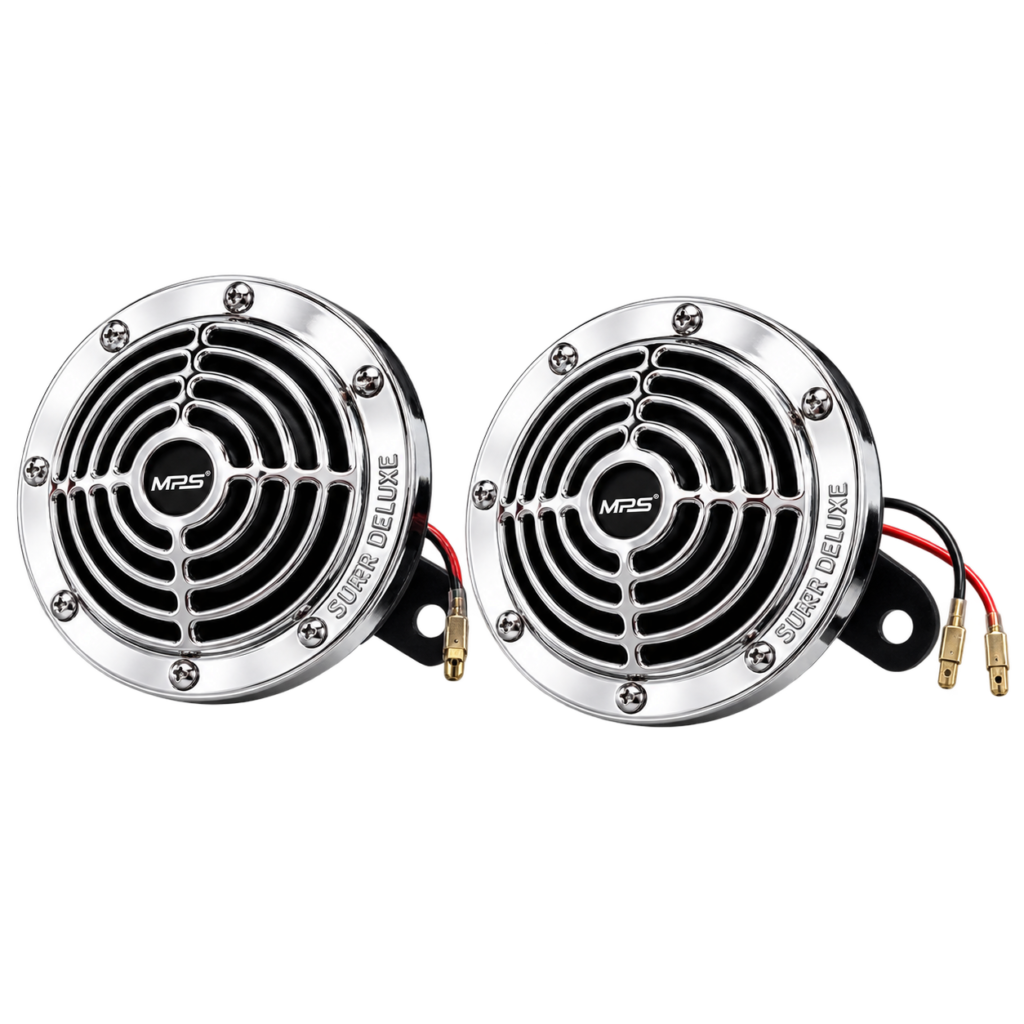 MPS Super Deluxe car horn set of 2 with chrome finish, black grille, and wiring