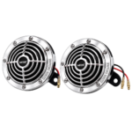 MPS Super Deluxe car horn set of 2 with chrome finish, black grille, and wiring