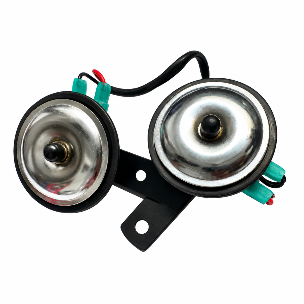 Two-tone automotive horn set with silver horns and wiring